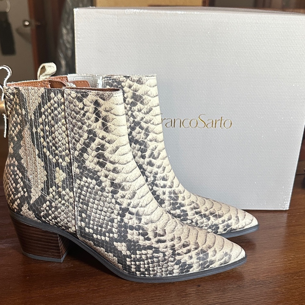 Franco Sarto Women's Black and Cream Snake Print Ankle Boots
